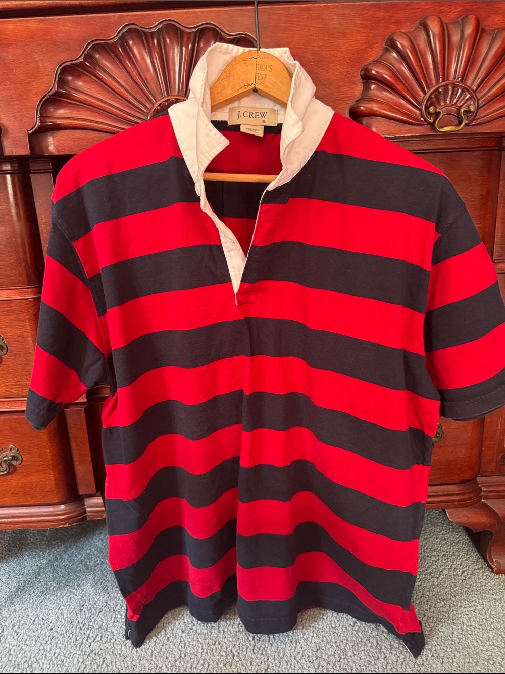 J. Crew Red and Black Striped Rugby Polo with White Collar